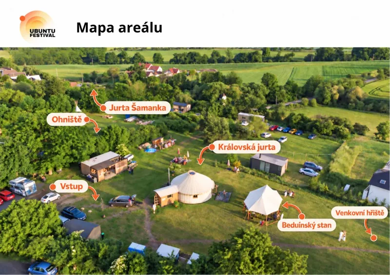 Mapa areálu festivalu s vyznačenými lokacemi: Vstup, Ohniště, Jurta Šamanka, Královská jurta, Beduínský stan a Venkovní hřiště
